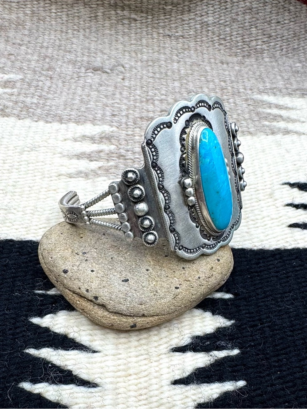Running Bear Navajo Native American Sterling Silver Turquoise Cuff Bracelet 7" - Picture 4 of 8